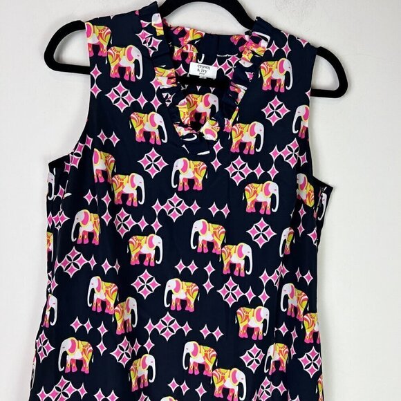 Crown & Ivy Elephant Print Ruffled Neck Shift Dress Petite 6P Sleeveless - Picture 3 of 13
